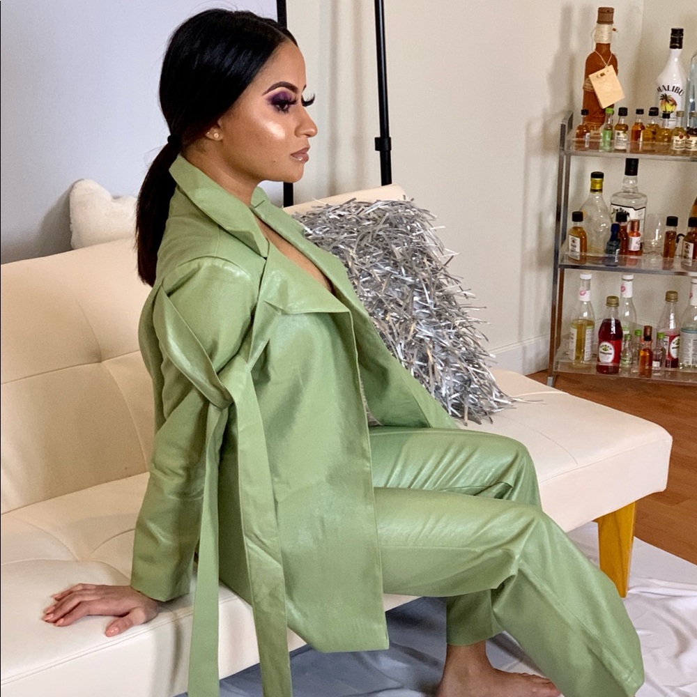 Vegan leather 2 piece pants suit